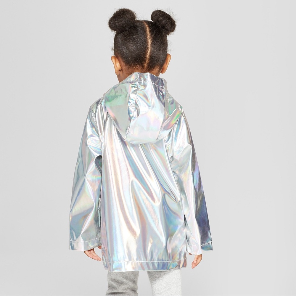 Girls Shiny Silver Metallic Hooded Rain Jacket NWT - Picture 2 of 3
